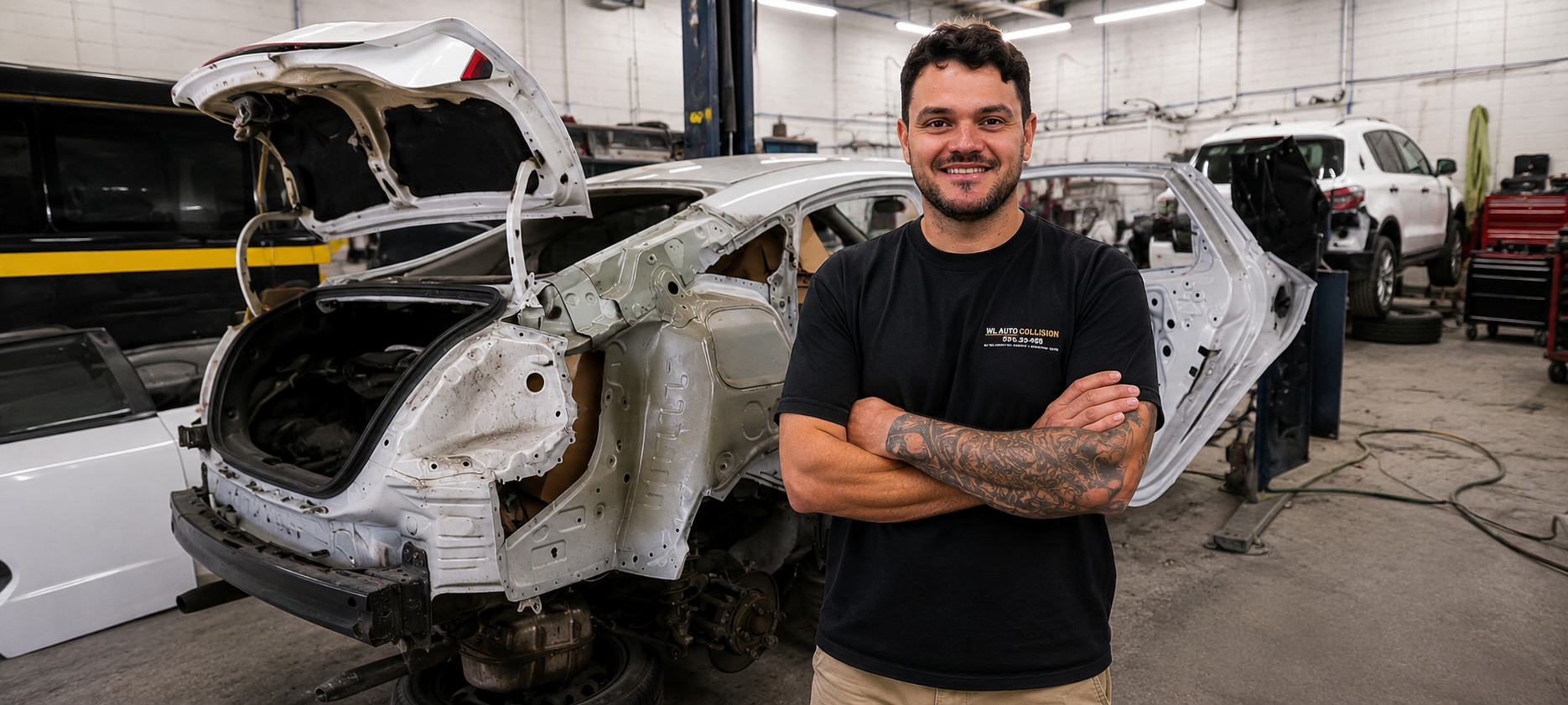 Wesley, owner of WL Auto Collision, standing next to a vehicle inside the collision repair workshop in Brockton, Massachusetts.
