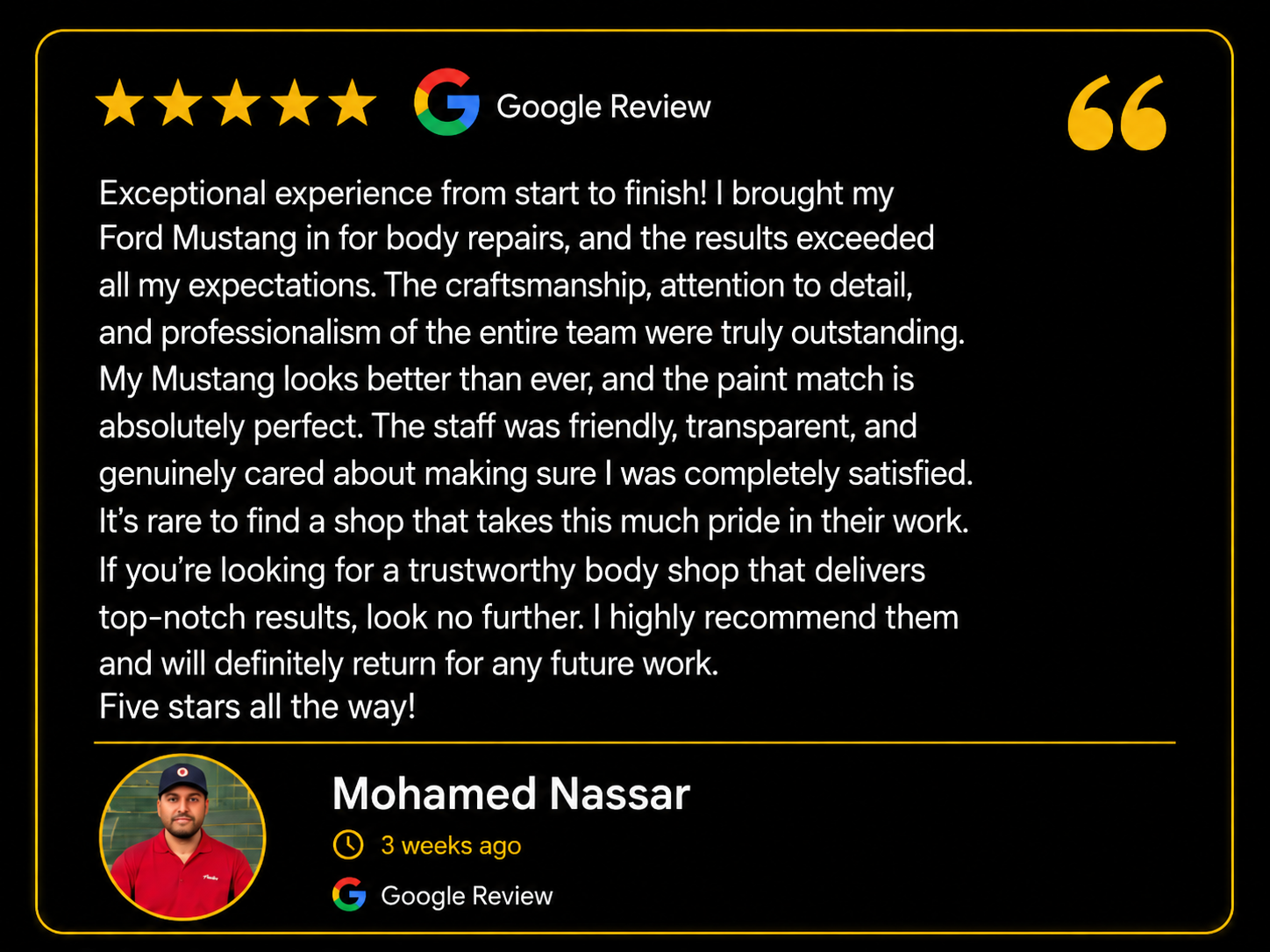 Five-star Google review from Mohamed Nassar after Ford Mustang body repairs at WL Auto Collision.