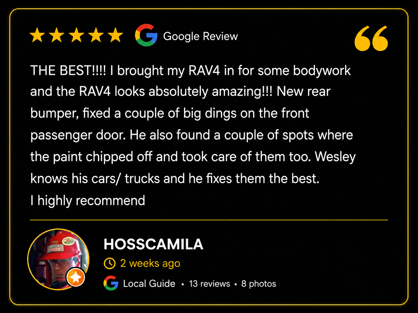 Five-star Google review from Hosscamila about WL Auto Collision after Toyota RAV4 body repair.