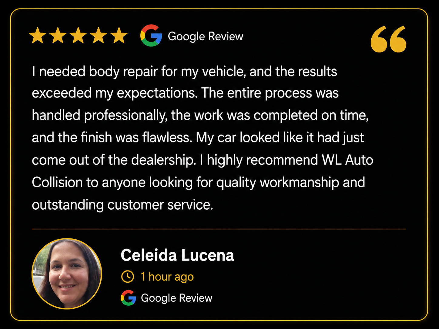 Five-star Google review from Celeida Lucena praising professional service and flawless repair quality.