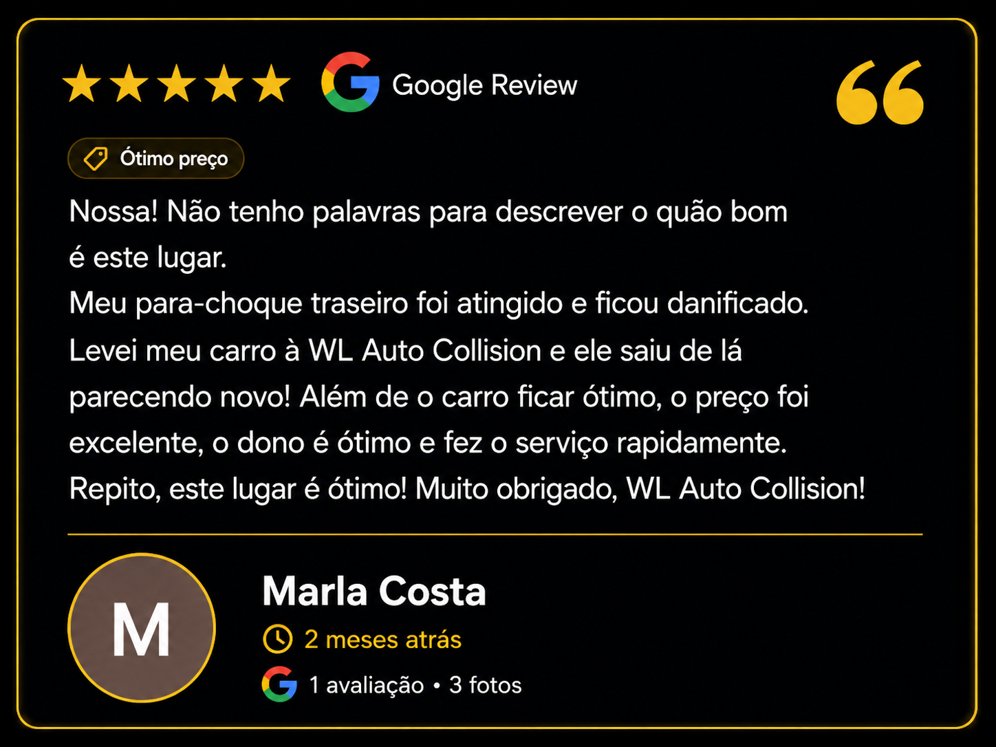 Five-star Google review from Marla Costa praising repair quality, fair pricing, and customer service.